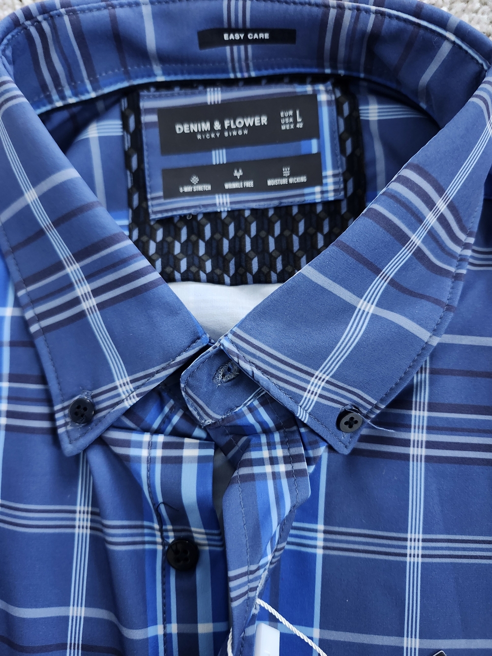 Denim & Flower Men’s Blue Plaid Button-Down Shirt Non Iron Tech Stretch LARGE